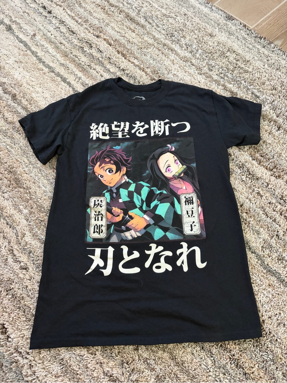 Black Short-Sleeve Graphic T-Shirt with Teal Accents - Anime Design